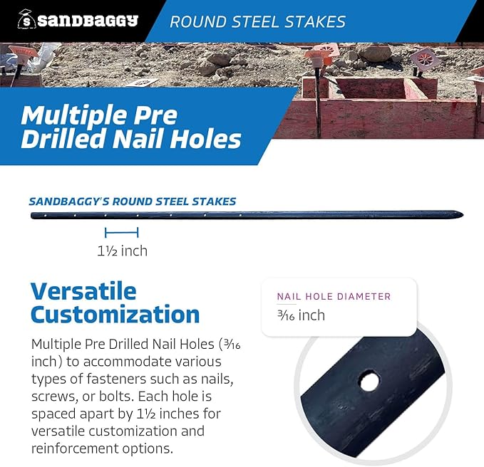 Sandbaggy Round Steel Concrete Form Stakes with Nail Holes - Rust Resistant Coating - Removable, Reusable (20, 3/4 in X 36 in)