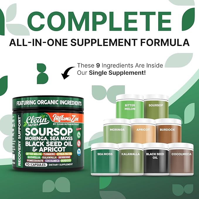 Clean Nutra Soursop Supplement Moringa Sea Moss Black Seed Oil Berberine Turmeric Resveratrol Quercetin Greens Bitters Boswellia Bitter Melon Burdock Root Antioxidant Support 90 Capsules