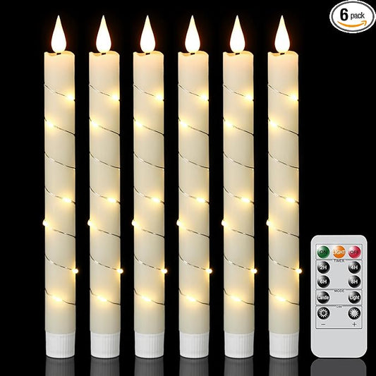 GenSwin Flameless Taper Candles with Remote and String Lights, Ivory Real Wax Taper Candles Battery Operated, LED Flameless Battery Candlesticks for Home Holiday Decor(Set of 6)