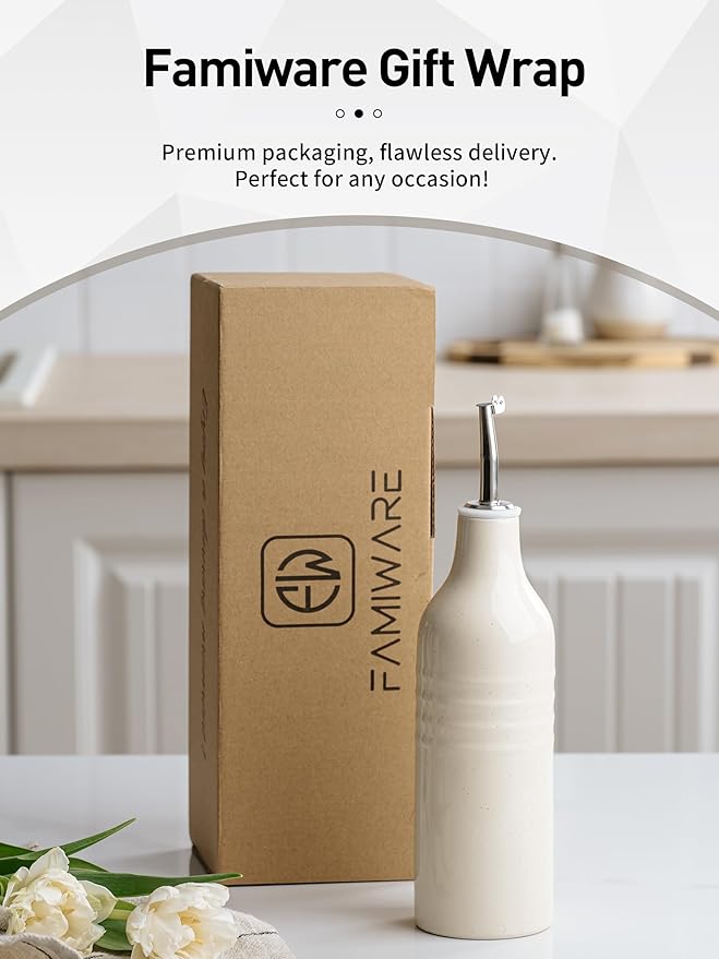 famiware Jupiter 16oz Ceramic Olive Oil Dispenser Bottle, Olive Oil and Vinegar Dispenser Bottle Set of 2 with Stainless Steel Pourers, Suitable for Storage Vinegar, Light Blue & Vanilla White