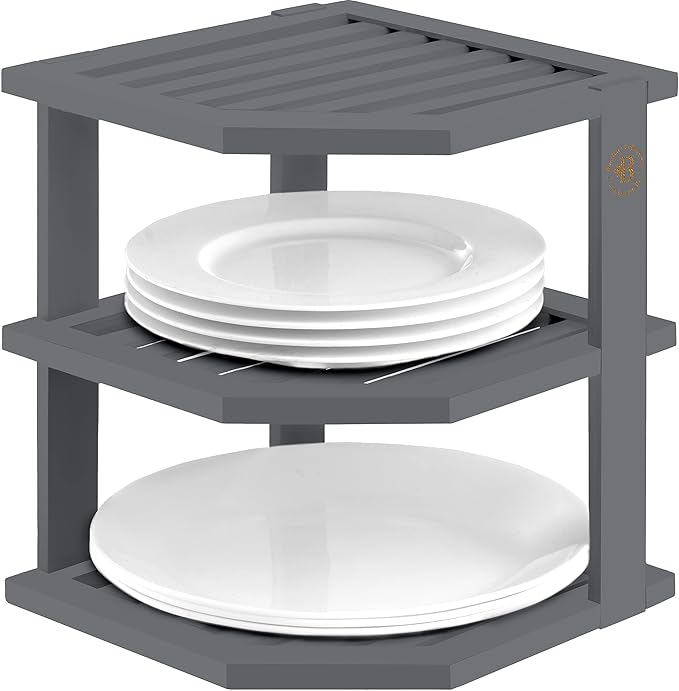 Cabinet Organizer Shelf - Bamboo Corner Rack for Kitchen Counter, Cabinet Space Saver for Plates, Dishes, Bowls, Bread Pantry, Bathroom Storage or Countertop Stand, Grey