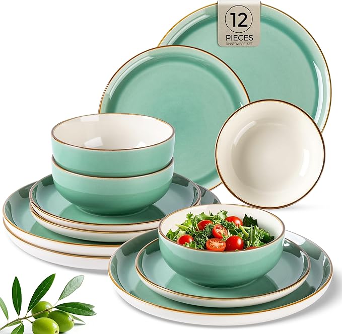 GBHOME Ceramic Dinnerware Sets, 12 Pieces Stoneware Dinnerware Set, Plates and Bowls Sets, Dishwasher & Microwave Safe,Dishes Set | Service for 4