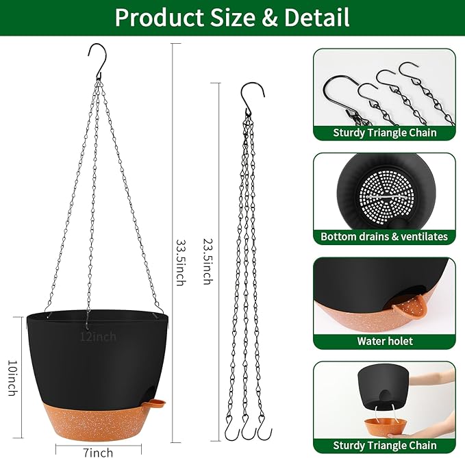 GARDIFE Large Hanging Planter, 12 inch Hanging planters for Indoor. Outdoor Plants, Self Watering Plant Pot, Plant Hanger, Black