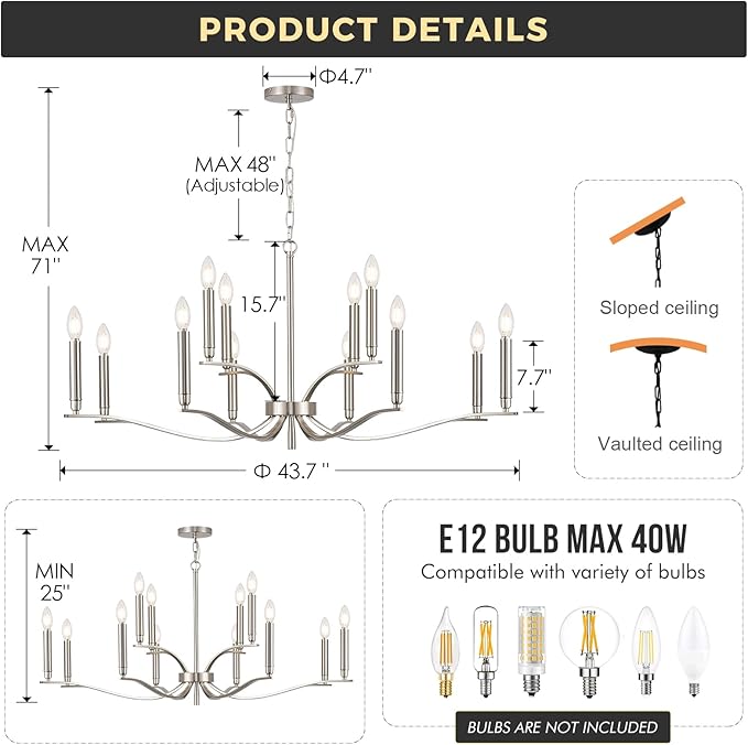 12 Light Nickel Living Room Chandelier High Ceiling Foyer Candle Chandelier Large Modern 44in Metal Chandeliers Hanging Light for Master Bedroom Dining Room Light Fixture Over Table