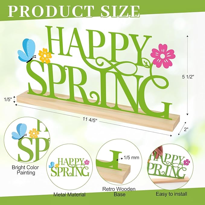 COCHIE Metal Happy Spring Sign, Spring Decorations for Home, Office, Shelf, Mantel, Indoor, Spring Flower Decor, Spring Butterfly Table Top Party Decoration (Spring)