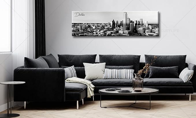 Black and White Wall Art Dallas Skyline Cityscape Skyscrapers Canvas Print Painting Landscape Texas City Buildings Pictures Modern Artwork for Man Room Office Living Room Decoration 13.8"x47.3"