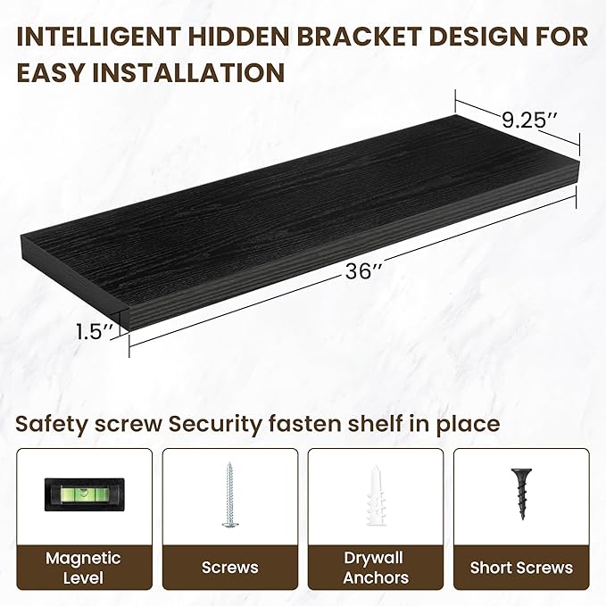 36 Inch Floating Shelves, 36"x9.25"x1.5" Inch Deep Floating Shelves for Wall, Wooden Shelves for Bathroom, Bedroom, Living Room, Black
