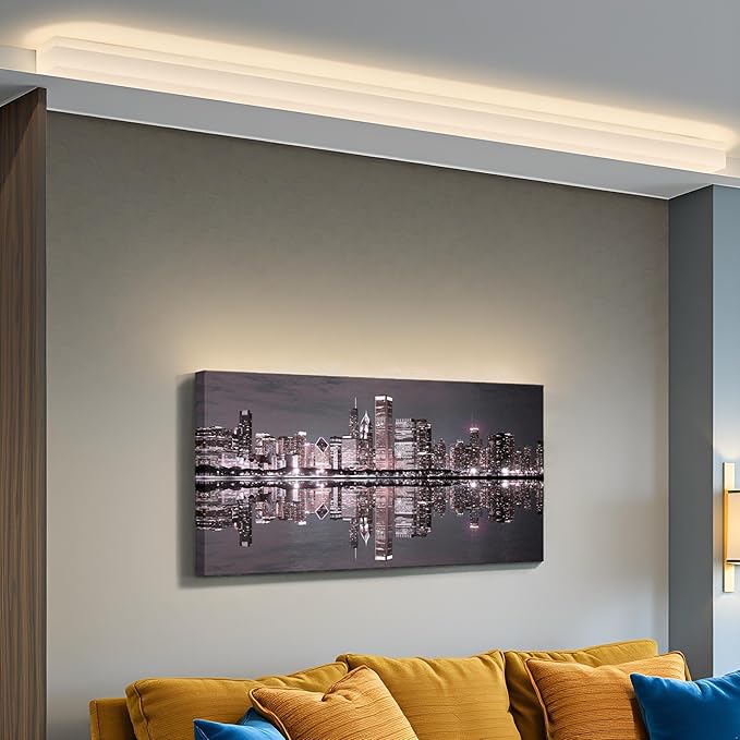 Conipit Chicago Wall Art Chicago Skyline Artwork City Night Downtown Picture Cityscape Painting Framed for Bedroom Home Office Decor 24"x48"