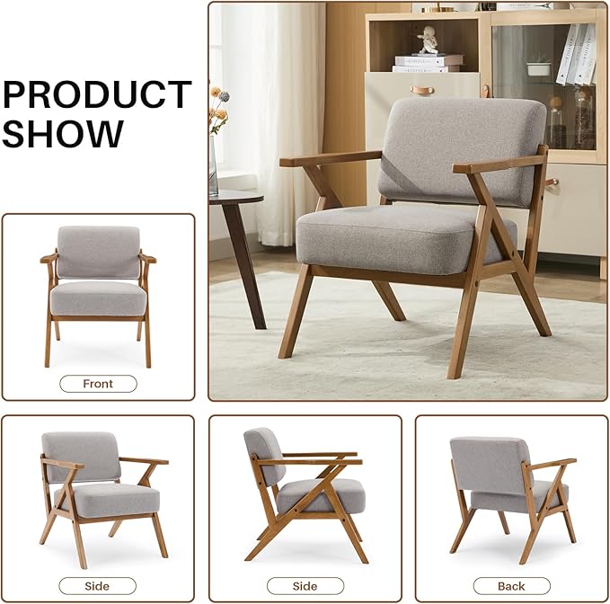 Ergonomic Mid-Century Modern Lounging Armchair | Solid Wood Frame & Plush Thickened Cushion | Versatile Seating for Living Room, Reading Nook & Balcony, Light Grey Linen