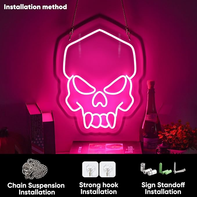 Dimmable Skull Neon Sign,Halloween Pink Neon Sign Light for Wall Decor, Skeleton LED Neon Sign for Beer Bar Bedroom Art,Skull Head Neon Lights Suitable for Computer Room, 5V USB Power 15.75 * 11.8in
