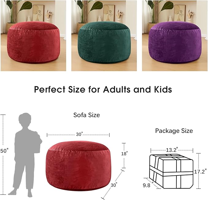 Bean Bag Chairs for Kids - Memory Foam Furniture BeanBag Chair - Kids/Teens Sofa with Soft Micro Fiber Cover - Round Fluffy Couch for Living Room Bedroom College Dorm - 2.5 ft, Red