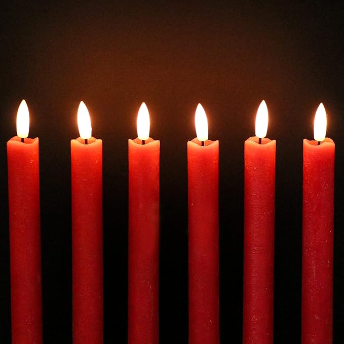GenSwin Flameless Red Taper Candles Flickering with 10-Key Remote, Battery Operated Led Warm 3D Wick Light Window Candles Real Wax Pack of 6, Christmas Home Wedding Decor(0.78 X 9.64 Inch)