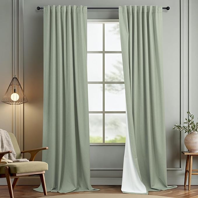Dark Academia Decor Sage Green Linen Textured Blackout Curtains Panels 90 Inch Length Luxury Curtains for Living Room Pretty Heavy Thick Linen Black Out Thermal Long Drapes Back Tab Rod Pocket Pleated