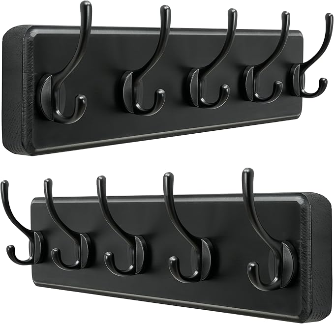 Dseap Wall Mounted Coat Rack: Patented, Heavy-Duty, 17.4" Long 5-Double-Hooks Wooden Hanger Rail for Winter Coats, Hats, Jackets, Clothing - Black, Pack of 2
