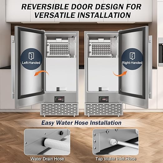 Commercial Under Counter Ice Maker Machine - 120 LBS/Day, Built in Installation, Auto-Clean,Reversible Door, Built 25LBS Ice Storage, Stainless Steel Ice Machine for Home & Business Outdoor Use