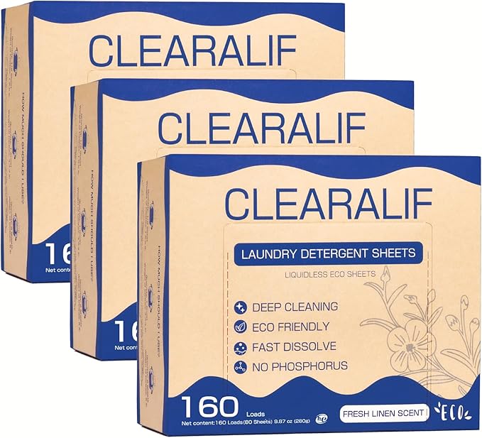 CLEARALIF Laundry Detergent Sheets (480 Loads), Fresh Linen,Great For Travel,Apartments, Dorms,CLEARALIF Laundry Detergent Strips Eco Friendly & Hypoallergenic (Pack of 3)