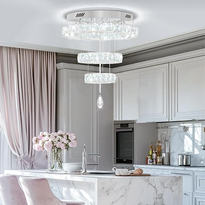 Flashing God 20" Crystal Chandelier Crystal LED Flush Mount Chandeliers for Living Room Bedrooms Dining Room Modern Chrome Chandelier Lighting Dimmable 2700k 4500k 6000k