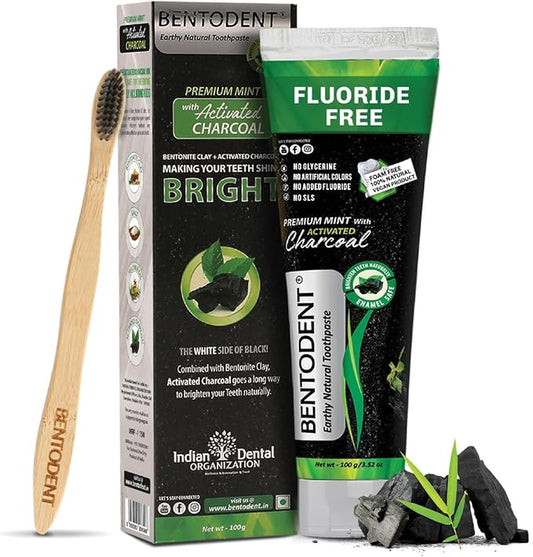 BENTODENT Fluoride Free Organic Charcoal Toothpaste with Bentonite Clay for Teeth Whitening- Natural Sensitive Teeth Whitening Toothpaste, Vegan, Travel