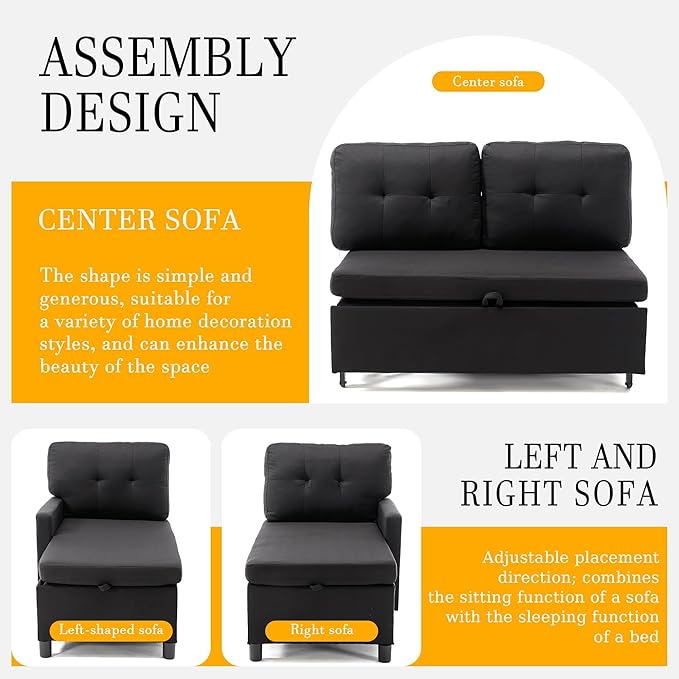 Pull Out Couch, Oversized Sleeper Sofa Couch, Sectional Sleeper Sofa Bed for Living Room Bedroom Lounge (Black, 110 Inch)
