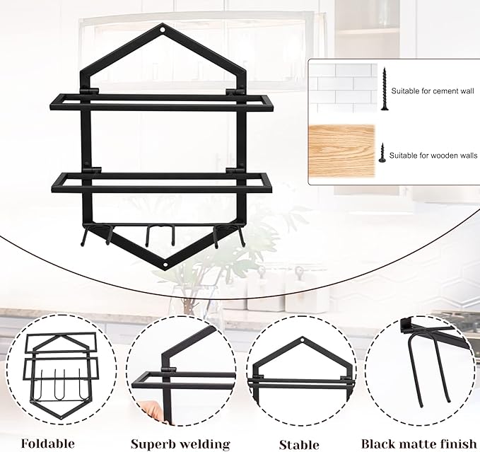 Wall Mounted Wine Stemware Rack, Metal Hanging Wine Glass Display Holde Holds 3 Cups 2 Bottles, Elegant Storage for Kitchen Dining Room Bar Wine Cellar (Black 2)