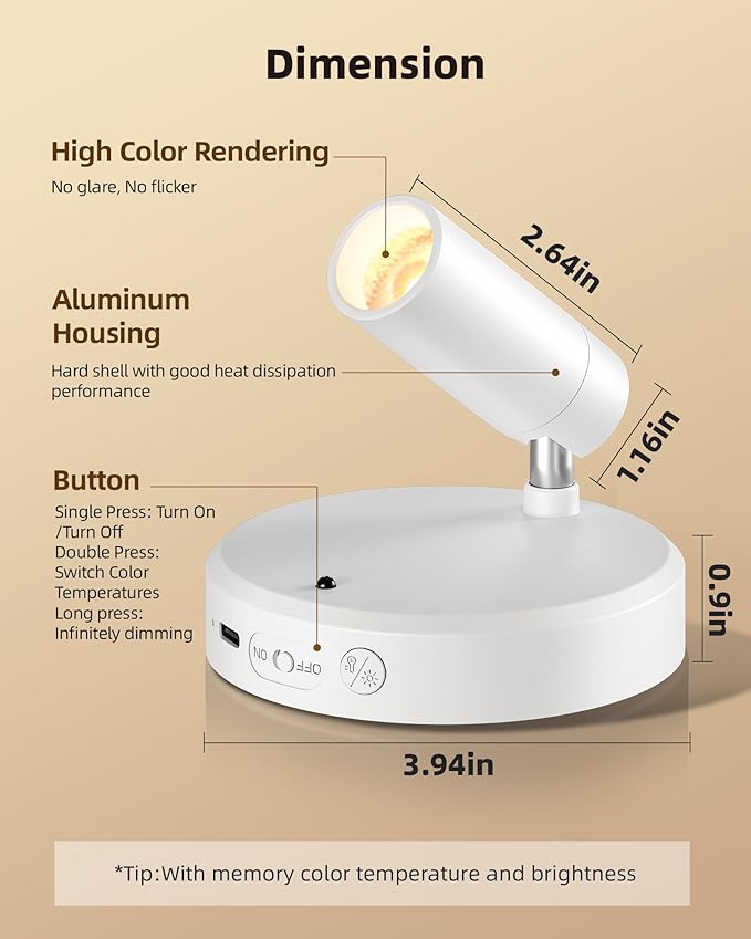 EZVALO Spot Lights Indoor,5500mAh Rechargeable Plants Spotlights with Remote,Wireless Mini Art Accent Spot Lights with Timer＆Dimmable, 3CCT, Uplights Indoor for Plants,Display,Artwork(4Pack-White)