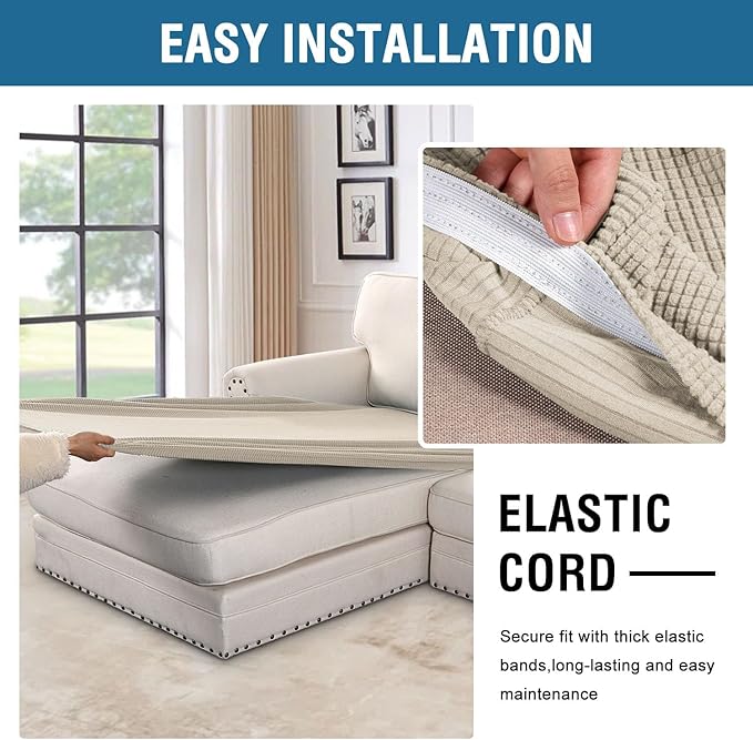 H.VERSAILTEX Super Stretch Individual Chaise Cover Sectional Couch Covers for L Shaped Sofa Both Left/Right Featuring Thick Jacquard Textured Twill Fabric (1 Piece Chaise Cover Large, Natural)