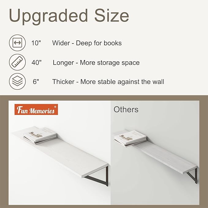 Fun Memories 40 Inch Floating Shelves, 10 Inch Deep Wall Shelf, 40 x 10 Floating Shelf Set of 2, White Wood Floating Shelf Wall Mounted, Large Kitchen Living Room Bedroom Storage Shelves