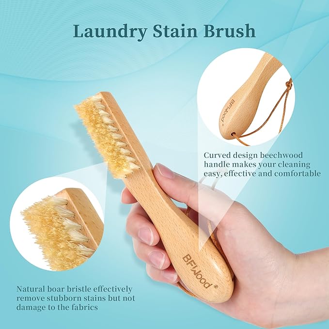 BFWood 2PCS Laundry Stain Brush - Natural Soft Boar Bristles, Removes Tough Stains from Delicate Fabrics Like Knits, Cotton, and Linens, Gentle on Fabrics, No Damage