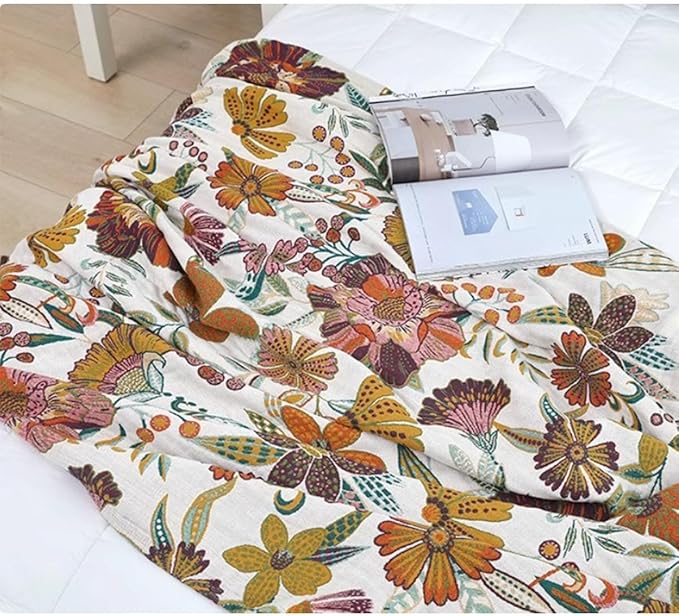 Boho Muslin Blanket for Adults 4-Layer Gauze Twin Size Soft Cozy 100% Cotton Summer Cooling Blanket Colorful Floral Decor for Sofa Bed Coverlet Both Sides (A Summer Floral, Twin 60 x 80 in)