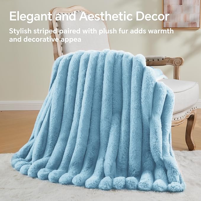 BEDELITE Faux Rabbit Fur Blanket, Luxurious 3D Striped Spring Blanket for Decor & Gift, Soft and Warm Plush Fluffy Faux Fur Throw Blanket All Seasons Suitable, (Light Blue, 60"x 80")