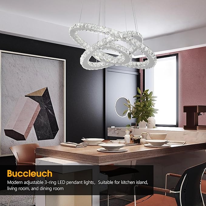 Buccleuch LED Crystal Chandeliers, Dimmable LED Pendant Light Fixture 3-Ring Adjustable Stainless Steel Ceiling Light, Silver Crystal Chandeliers for Dining Room, Bedroom, Living Room - ETL Listed