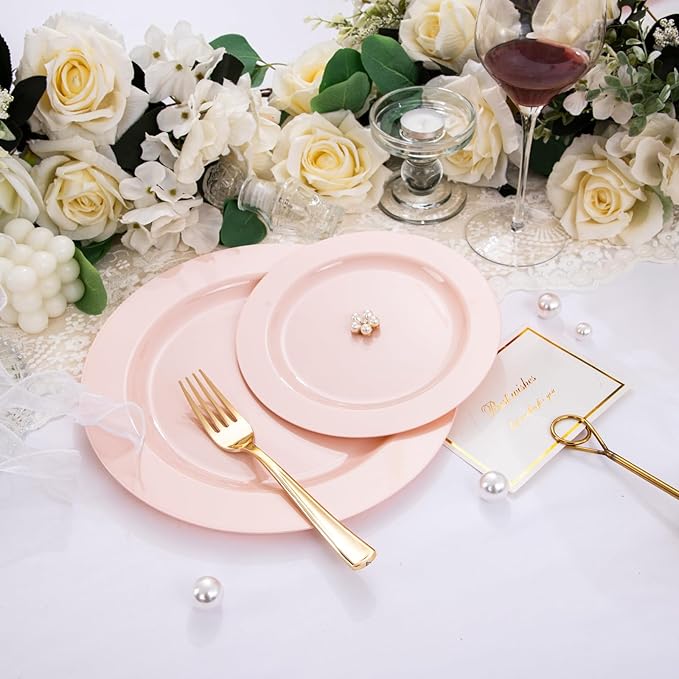 FLOWERCAT 60PCS Pink Plastic Plates - Heavy Duty Pink Plates Disposable for Party/Mother's Day/Wedding - serving 30 guests Include 30PCS 10.25inch & 30PCS 7.5inch