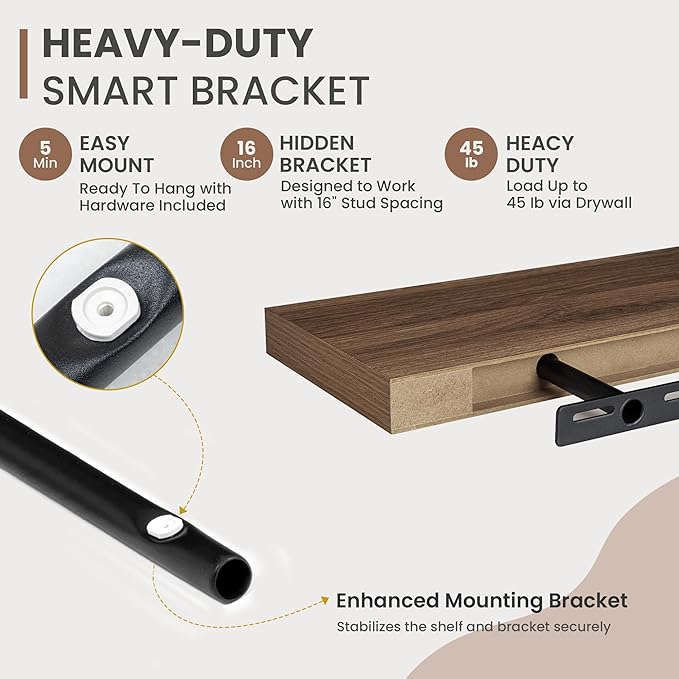 48 Inch Floating Shelves, 8 Inch Deep Floating Shelves for Wall, Hanging Shelf with Invisible Brackets, Deep Shelves for Bathroom, Bedroom, Living Room, Walnut, Set of 1