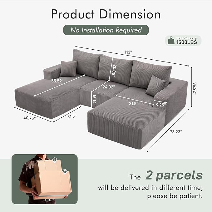 Boneless Sectional Cloud Couch Sofa for Living Room, 112" U-Shaped Modular Modern Lounge Sleeper Grey Couches with Chaise, No Assemble, Cordury Compression Upholstered Sofas