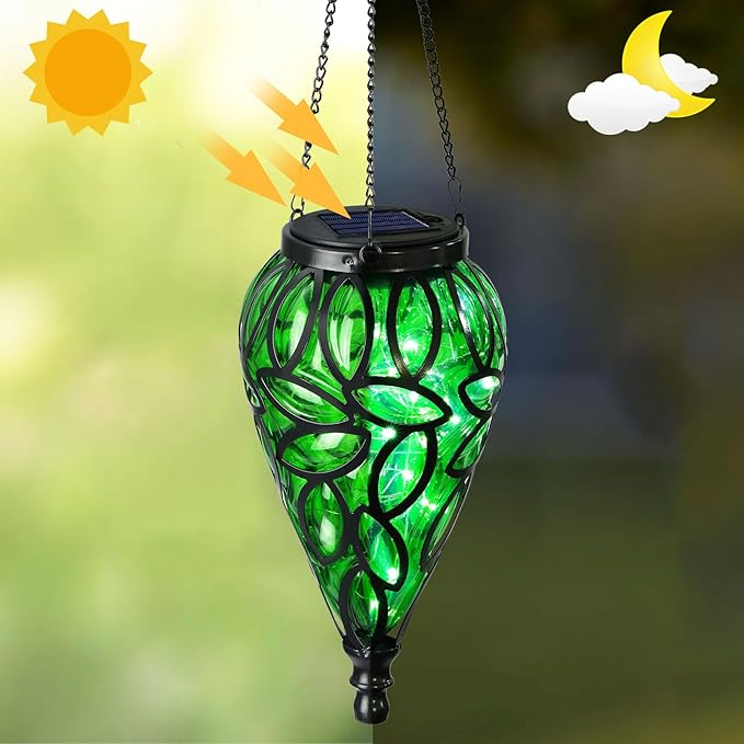 SUNNYPARK Outdoor Plastic Solar Hanging Lantern, 15 Cool White LEDs Twinkle Effect Tear-Shaped Hanging Lantern Decor Garden Decorative Solar Lights for Backyard, Patio and Lawn