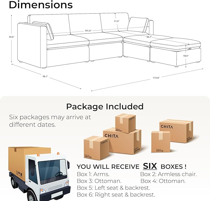 CHITA Oversized Modular Cloud Sectional Fabric Sofa Set, FSC Certified U Shaped Couch Reversible Chaise Modular Sectional Couch, 112 inch Width,5 Seat Modular Sofa Includes 2 Storage Ottomans, Grey