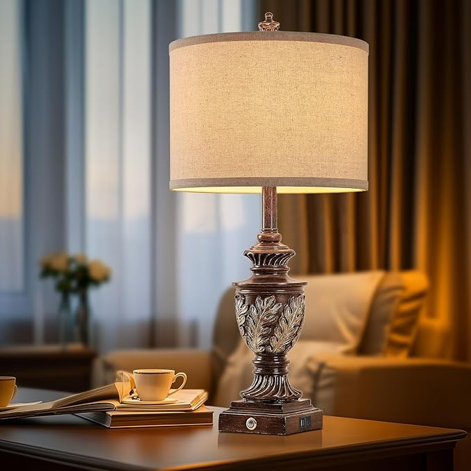 Farmhouse 3-Way Dimmable Touch Table Lamp Set of 2 for Bedroom Living Room with USB A+C Charging Ports 27.75" Tall Rustic Traditional Nightstand Bedside Lamps Brown End Table Lamp (2 Bulbs Included)