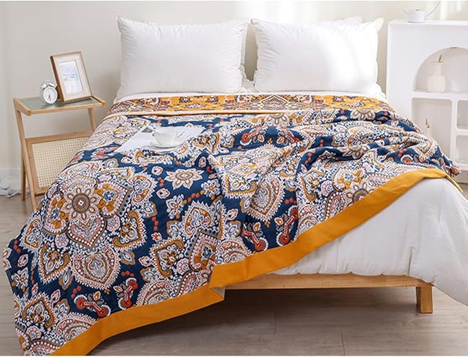 Boho Muslin Blanket for Adults 4-Layer Gauze 80 x 90 Inches Soft Cozy 100% Cotton Summer Cooling Blanket Floral Decor for Sofa Bed Coverlet Both Sides (A Boho Spiral Flower, 80 x 90 in)