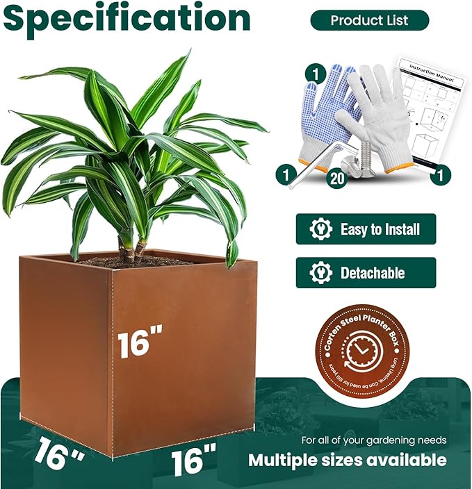 Corten Steel Planter Box Metal Planters Square Outdoor Steel Planter Cube Rustic Flower Pot 16 Inch Integral Durable Antique for Commercial Residential Garden Patio Deck and Backyard