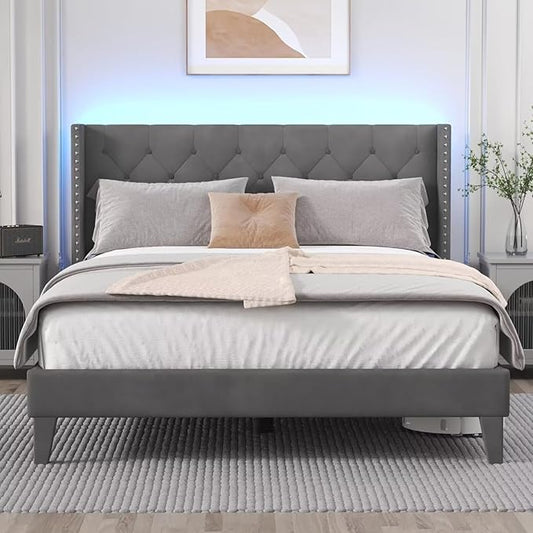 Full Size Bed Frame with LED Lights, Upholstered Bed Frame with Wingback Diamond Tufted Headboard, Wood Slats Support, Noise-Free, Easy Assembly, No Box Spring Needed, Grey
