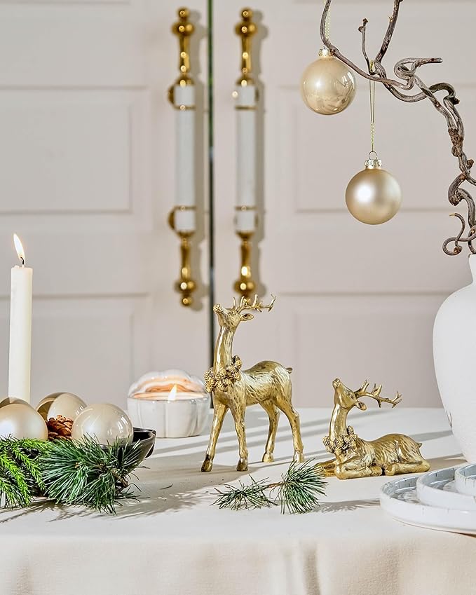 DN DECONATION 2pcs Gold Christmas Reindeer Statue, Christmas Clearance Small Resin Reindeer Figurine Indoor, Tabletop Reindeer Christmas Decor, Deer Figurine Decorations for Home