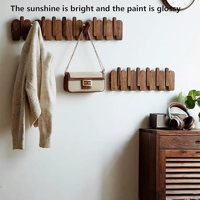 Wall Mounted Piano Key Hanger | Flip Style Hook | Entrance Wall Art Hook, Made of Oak Wood (3 Times Painted, 4 Times Polished) (Arc Walnut-Beech, 4Hooks)