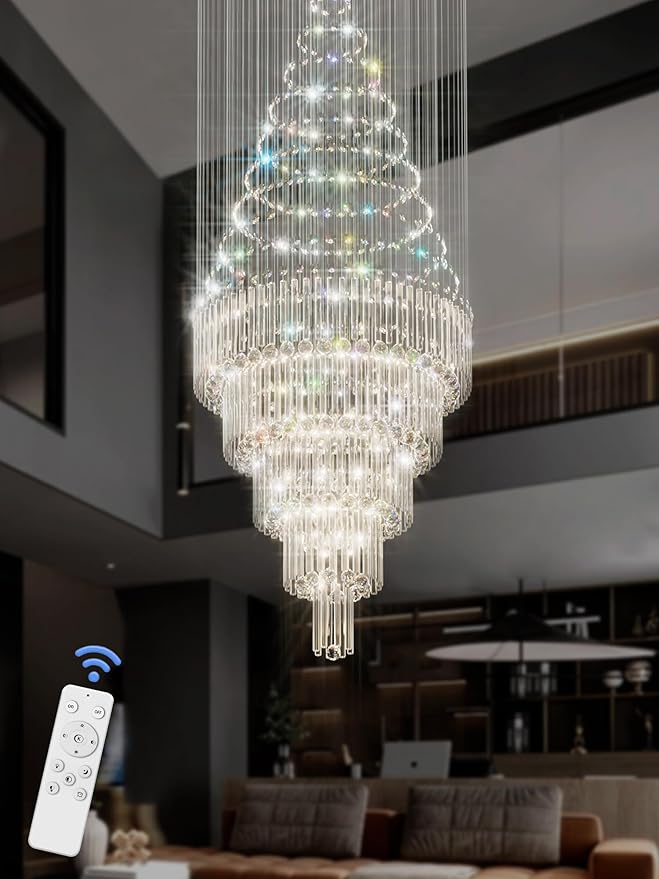 Flashing God 40''X90 Large Crystal Chandelier for High Ceiling Modern Crystal Raindrop Chandeliers Lighting Round Ceiling Light Entryway Staircase Foyer Villa LED Dimmable 2700-6000K