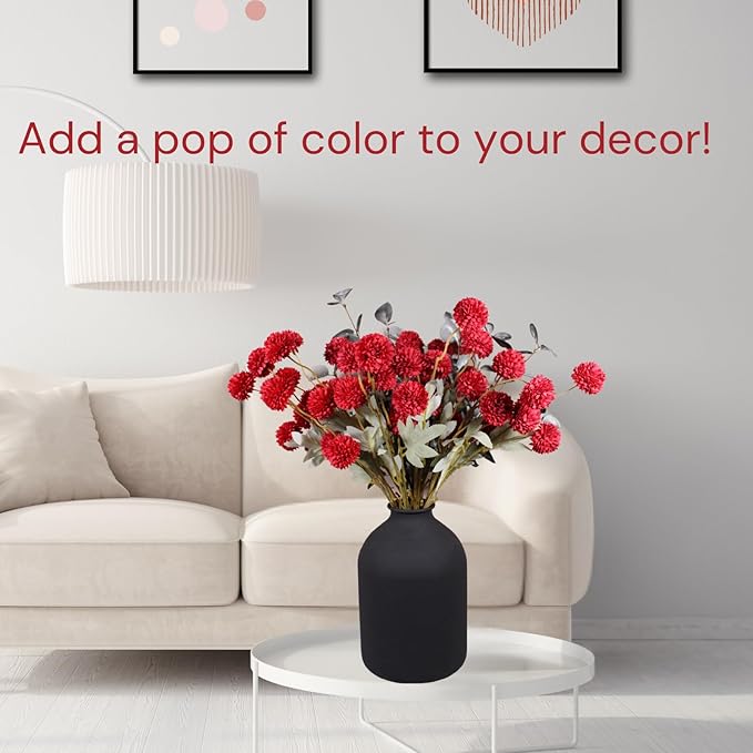 Burgundy Flowers, Maroon Artificial 10 Long Stems + Eucalyptus, Wine Colored Silk Flowers for Burgundy Decor, Fall Table Centerpieces, Dark Red Faux Mums, Thanksgiving Centerpieces For Tables