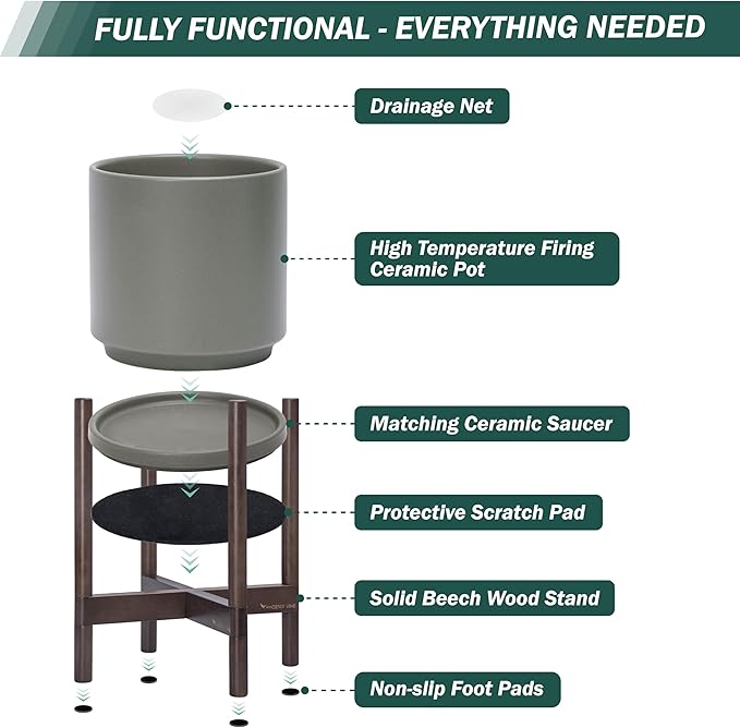 D'vine Dev Ceramic Planter with Walnut Color Stand - 10 Inch Modern Round Flower Pot with Wood Planter Holder, Grey, 55-B-X-3