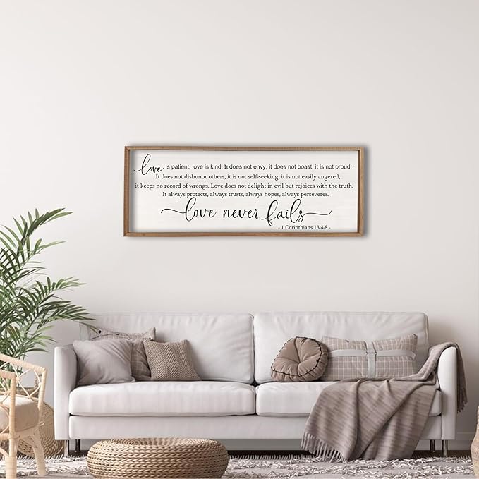 flowtorely Love is Patient, Kind Wall Art Decor 32"X12" Sign 1 Corinthians 13 Bedroom Above Bed Wall Decor Large Bible Verse Quote Scripture Christianity Hanging Sign (Wood)