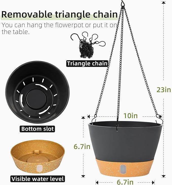 QCQHDU 2 Pack Hanging Planters for Indoor Outdoor Plants, 10 Inch Hanging Baskets Flower Pots with Reservoir Tray & Visible Water-Level
