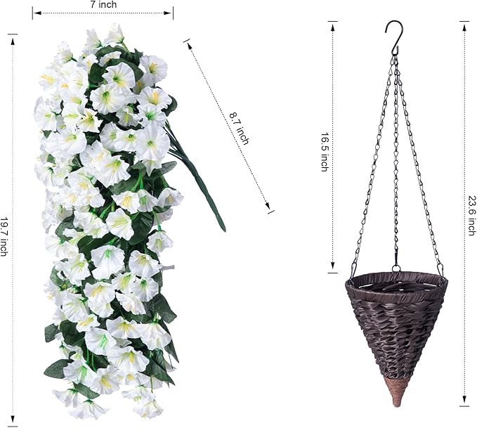 Artificial Faux Hanging White Flowers Plants Basket for Outdoor Outside, Fake UV Resistant Realistic White Morning Glory Flowers for Porch Home Balcony Yard Patio Decoration