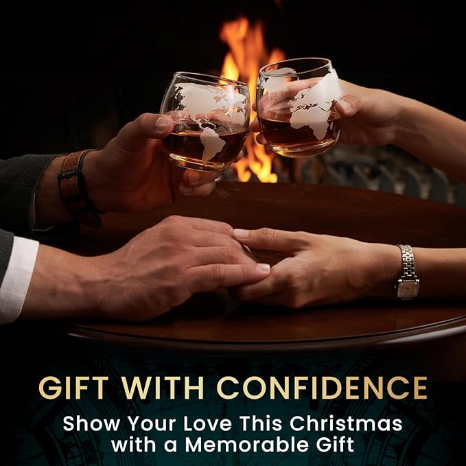 Globe Whiskey Decanter Gift Set by Royal Reserve | Etched World Map Globe Decanter 29 oz 850 ml with Glasses for Bourbon, Liquor – Whiskey Gifts for Men Dad Boyfriend Husband