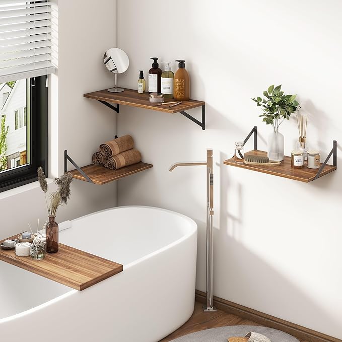 Fun Memories 27.5" W x12 D Floating Shelves, Large Wall Shelves 27.5 Inch Long, Set of 2, Farmhouse Wood Floating Shelf Wall Mounted, Deep Shelves for Bathroom, Living Room, Kitchen, Walnut Color